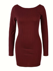  Casual Dress Women's Plus Solid Cable Long Sleeve Boat Neck Backless