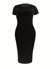  Casual Dress Women's Plus Solid Short Sleeve Round Neck Dress