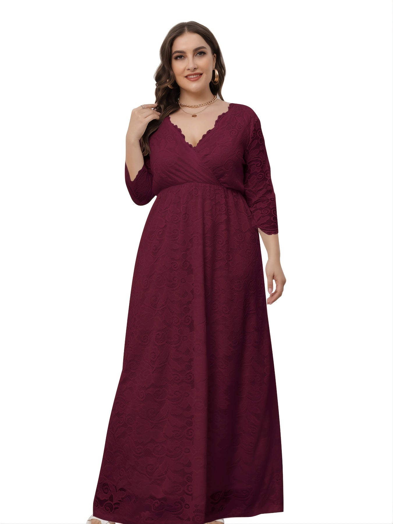  Lace Deep V Neck 3/4 Sleeve Wedding Maxi Dress