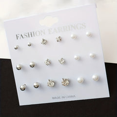 9 Pairs Round Faux Pearl Stud Earrings Set Silver Plated