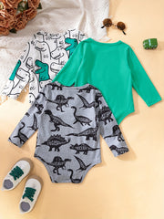 Baby Boy Triangle Bodysuits Long Sleeve Dinosaur Rompers Set