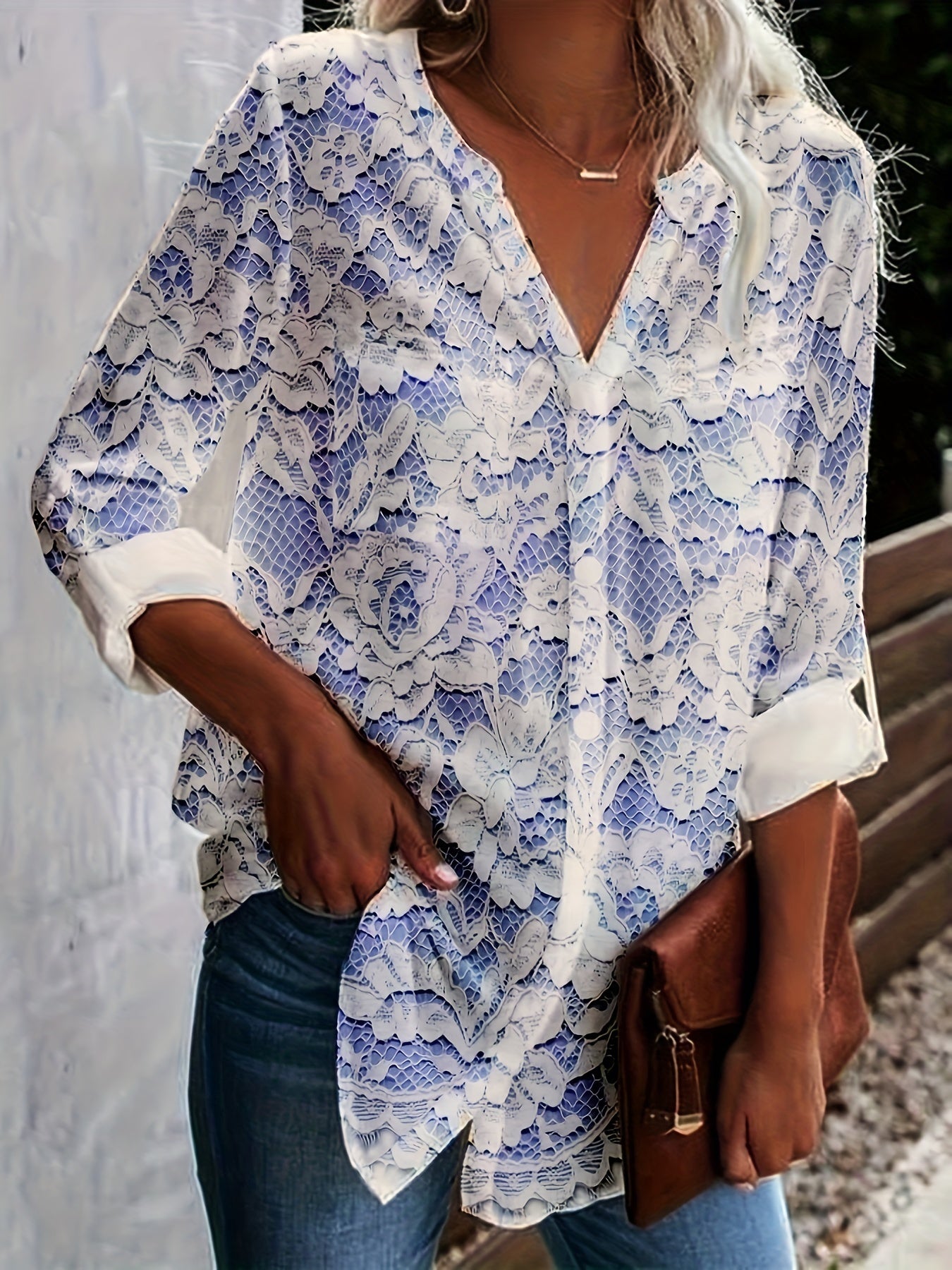  Floral Print Roll Up Sleeve Button Up Tunic Top