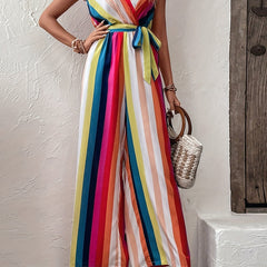 Rainbow Striped Wide Leg Jumpsuit Casual Flutter Sleeve Jumpsuit