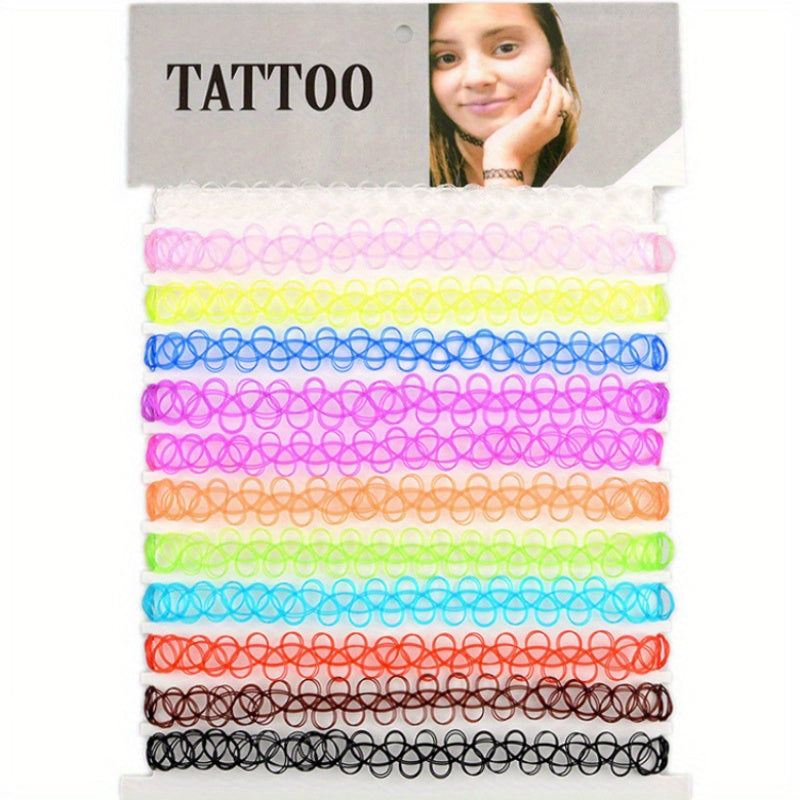 12pcs Vintage Tattoo Chokers Necklace Stretch Henna Gothic Punk Fishing Line Ela