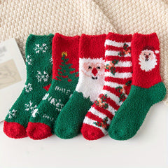 5 Pairs Christmas Print Socks Warm & Fuzzy Women's Stockings