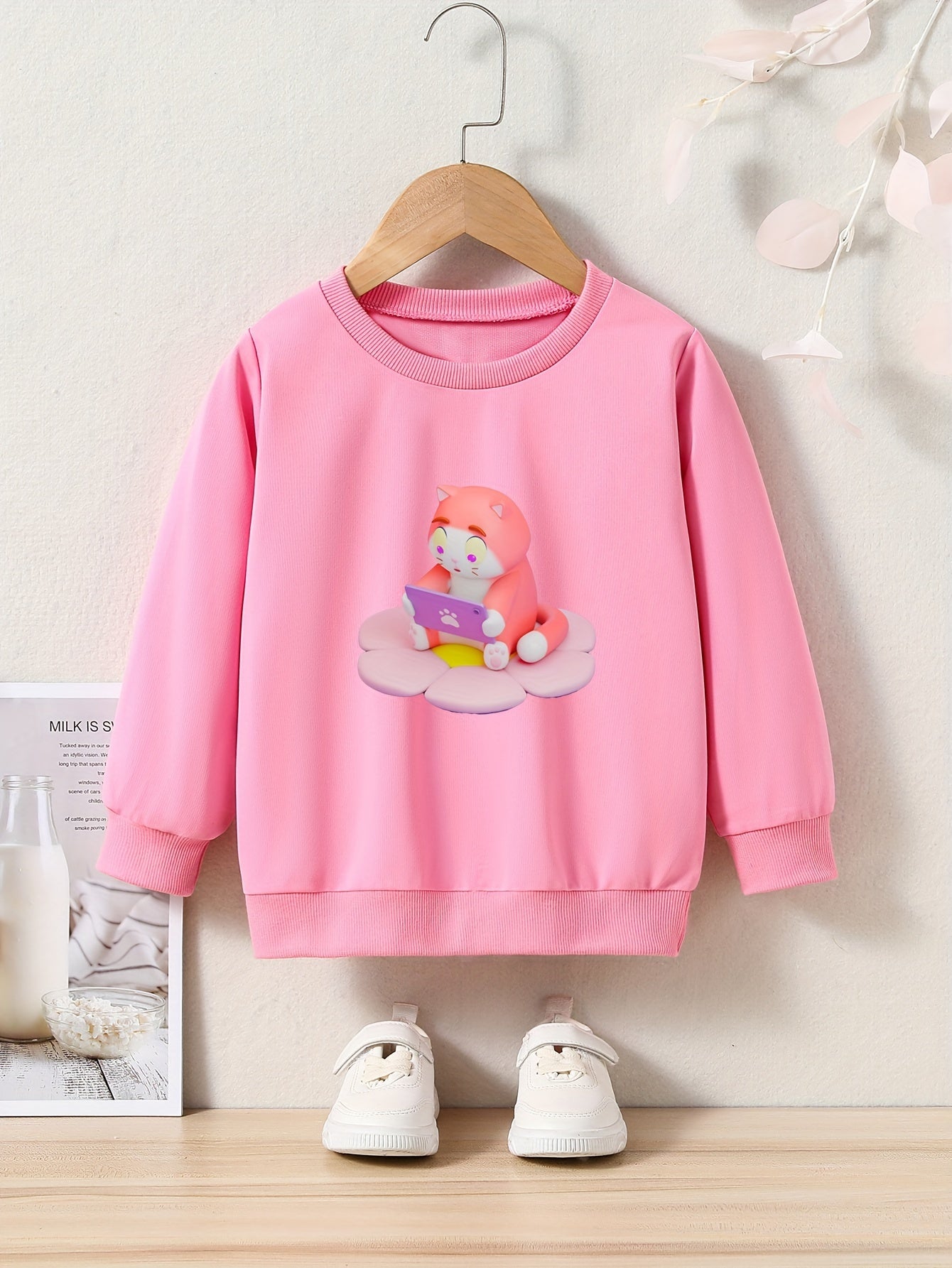 Cartoon Cat Print Girls Pullover Sweatshirt Long Sleeve Crew Neck Tops