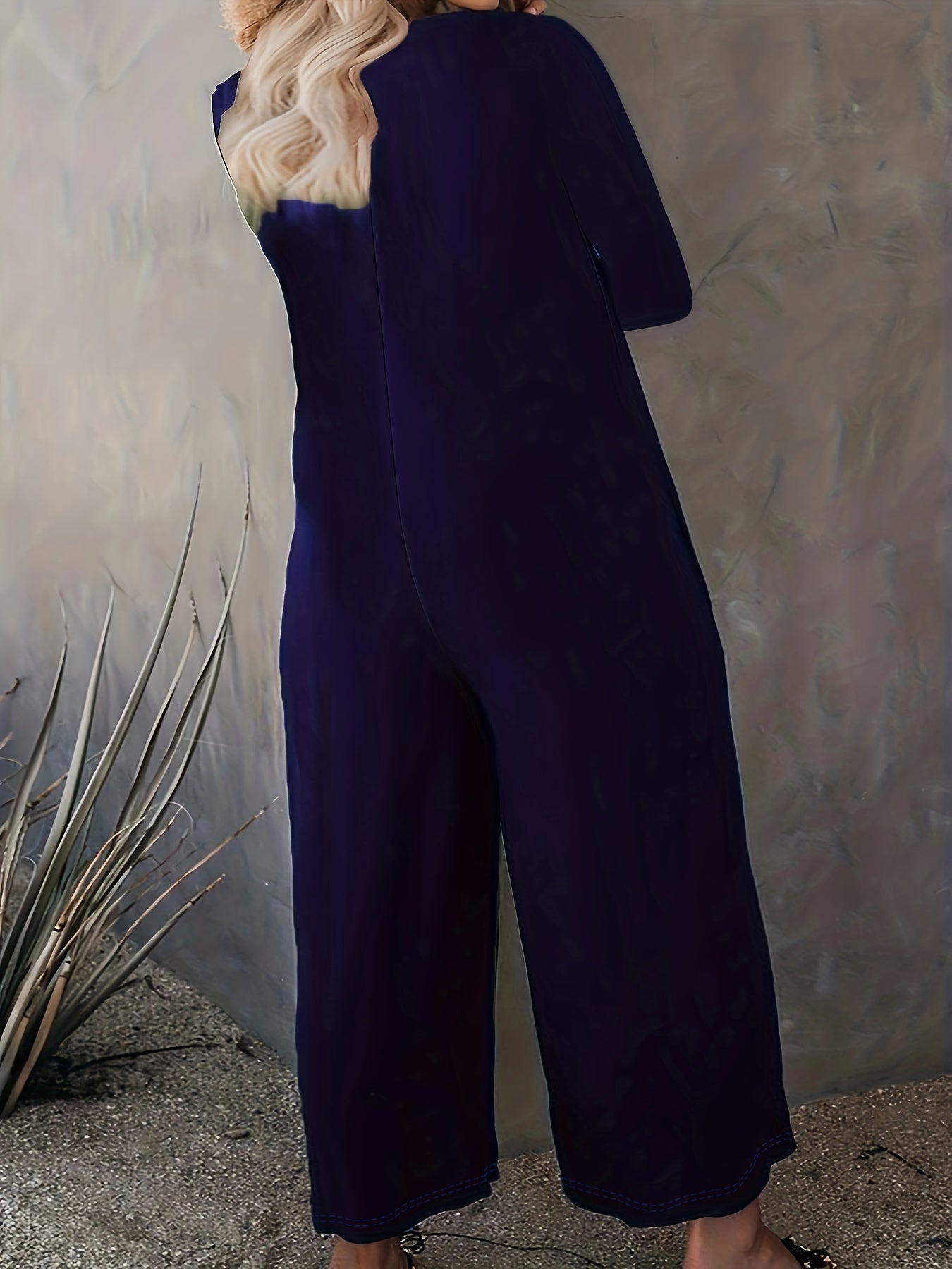  Solid Long Sleeve Round Neck Wide Leg Jumpsuit