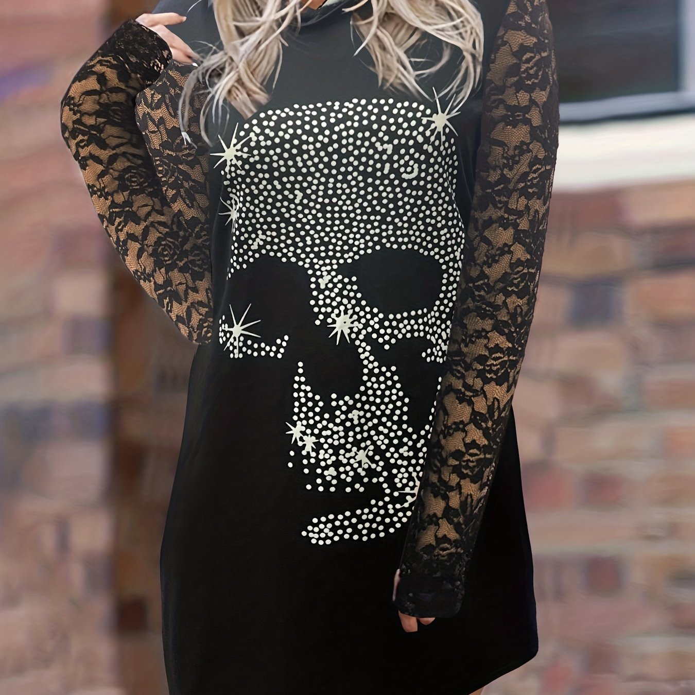  Gothic Dress Women's Rhinestone Skull Hooded Bodycon Dress