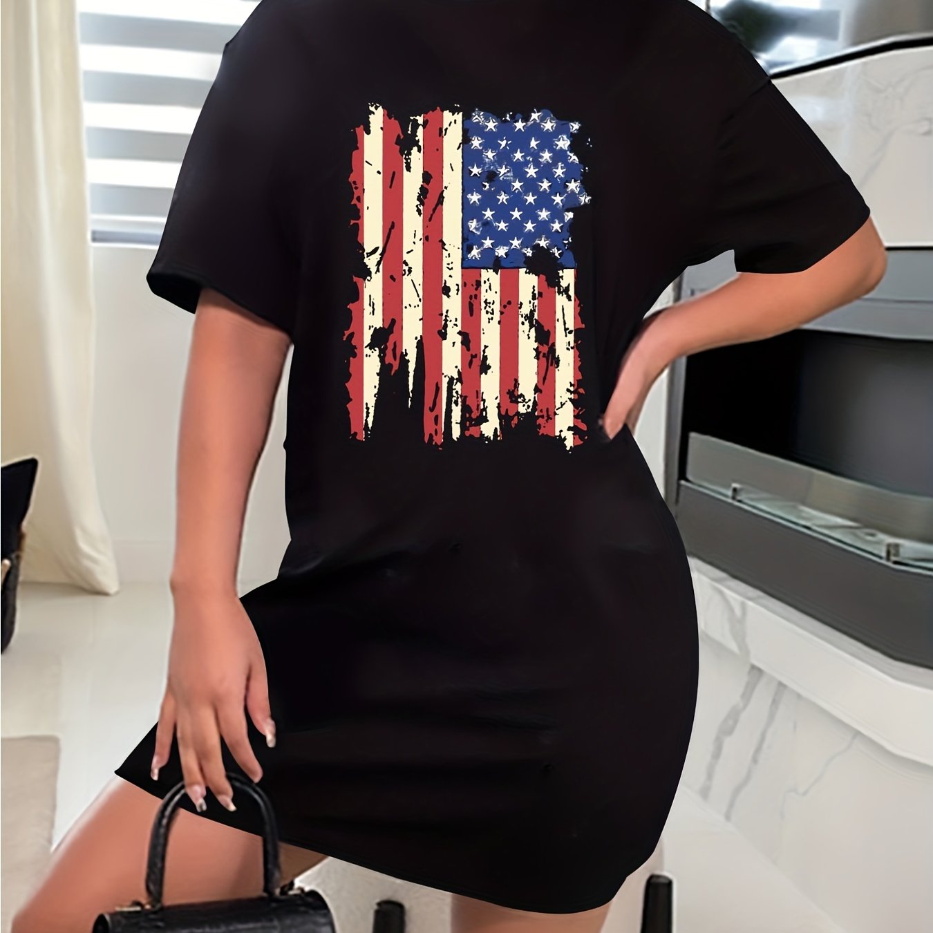  Flag Print Short Sleeve Casual Dress