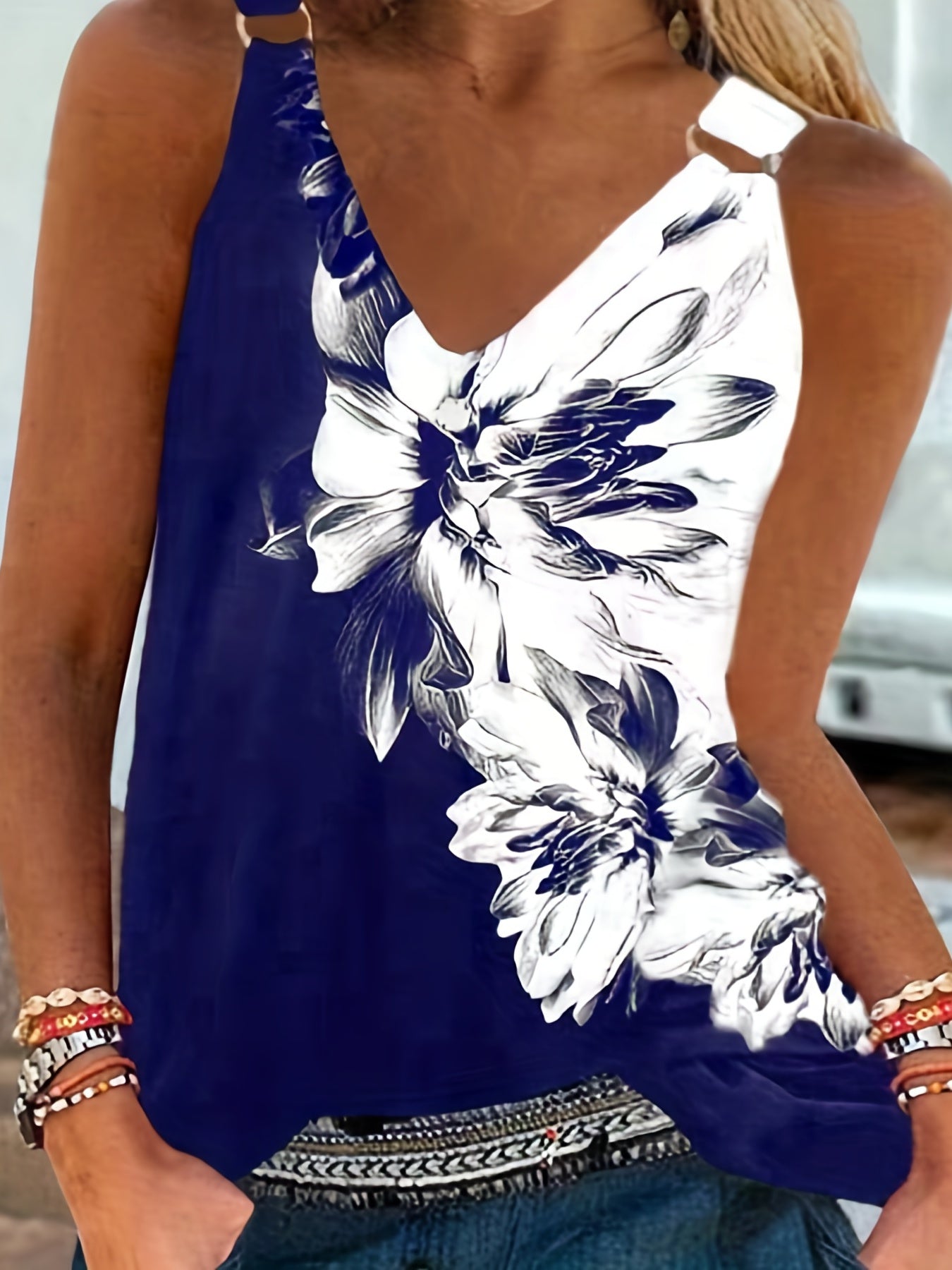  Floral Print V Neck Tank Top
