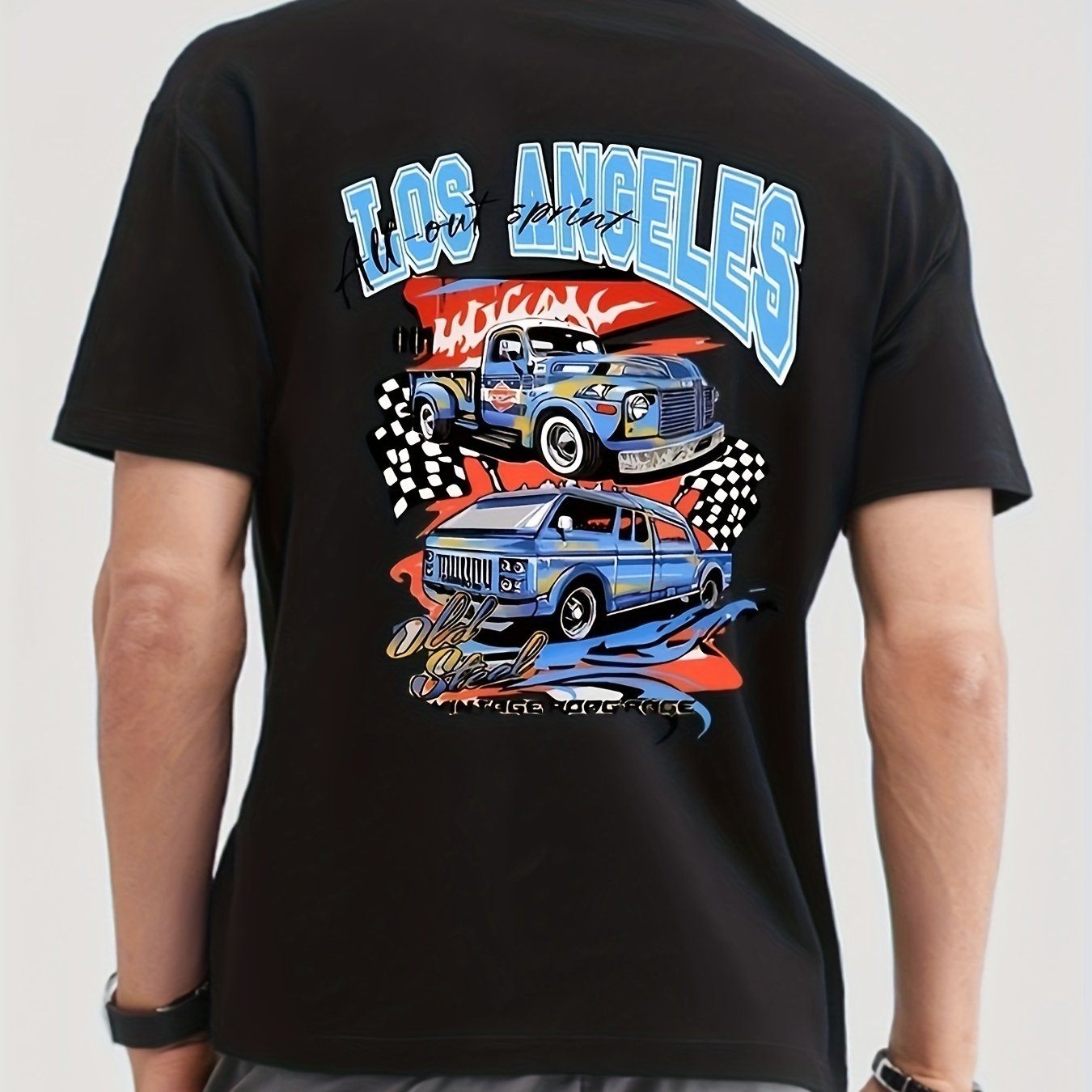Cotton Retro Car Print Men's Graphic Crew Neck T shirt