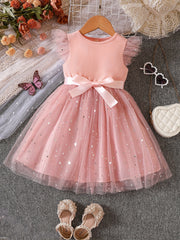 Girls Ruffled Sleeves Stars Mesh Princess Dress For Party