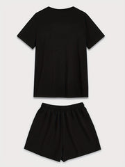 Letter Print Casual Short Sleeve T-shirt & Drawstring Waist Shorts