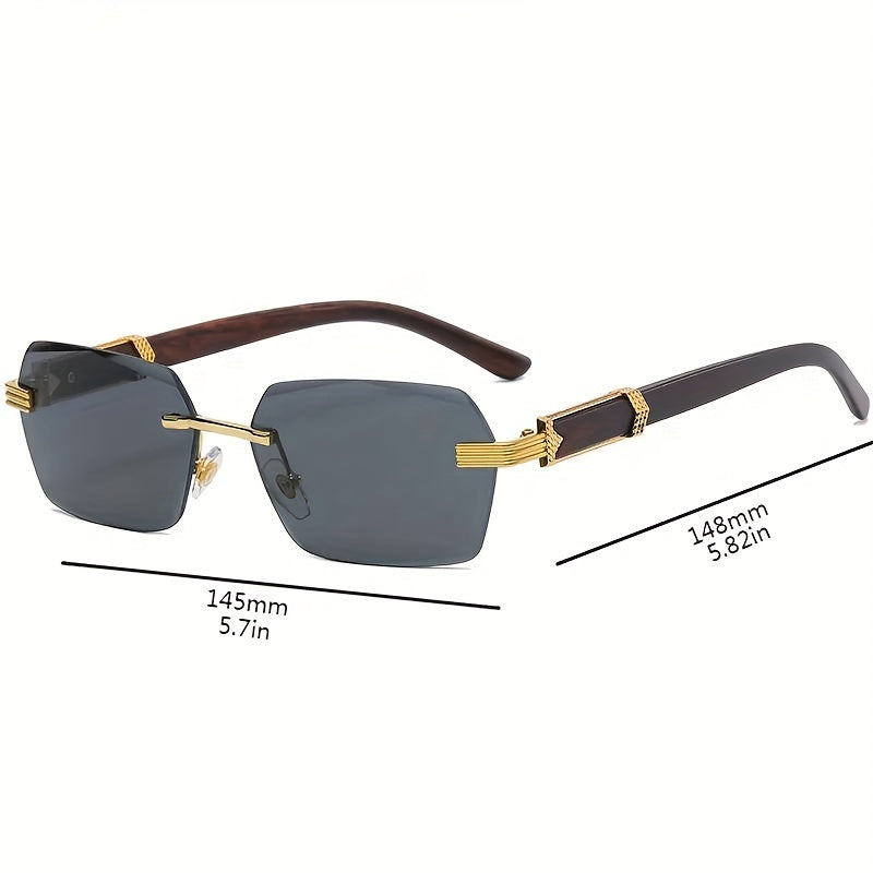 Men's Rimless Square Wood Grain Sunglasses UV400