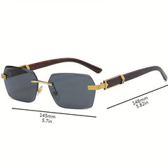Men's Rimless Square Wood Grain Sunglasses UV400