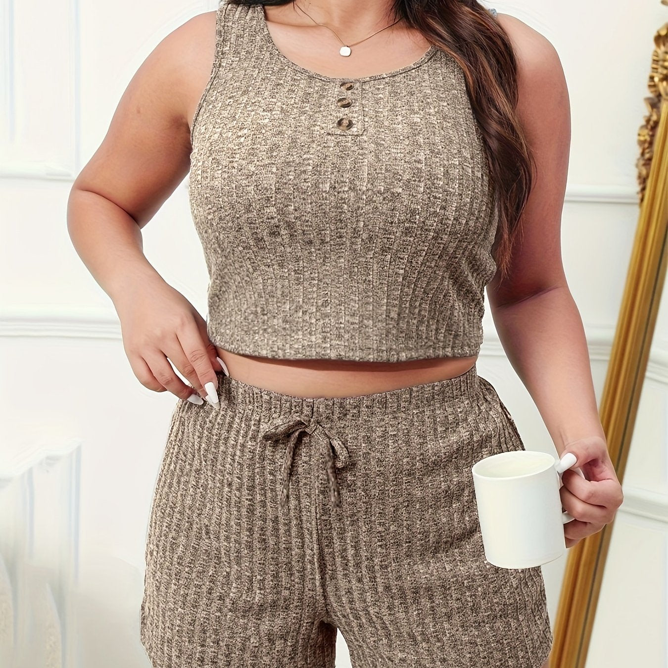  Ribbed Tank Crop Top & Drawstring Shorts Set