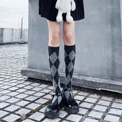 Argyle Calf Socks College Style Knee High Socks Women's Stockings