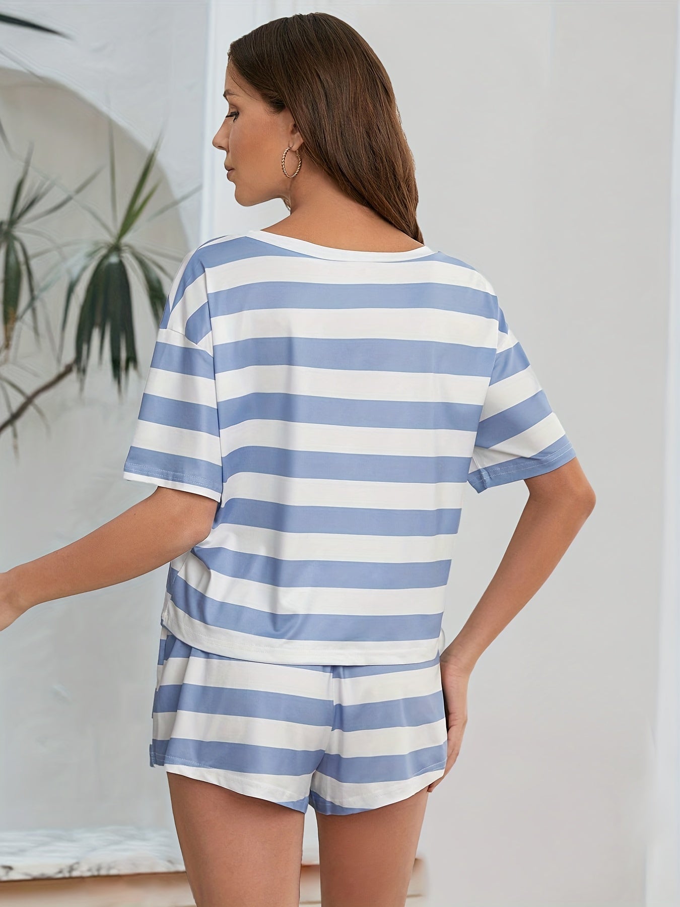Striped Print Two-piece Set Crew Neck Tee & Drawstring Short