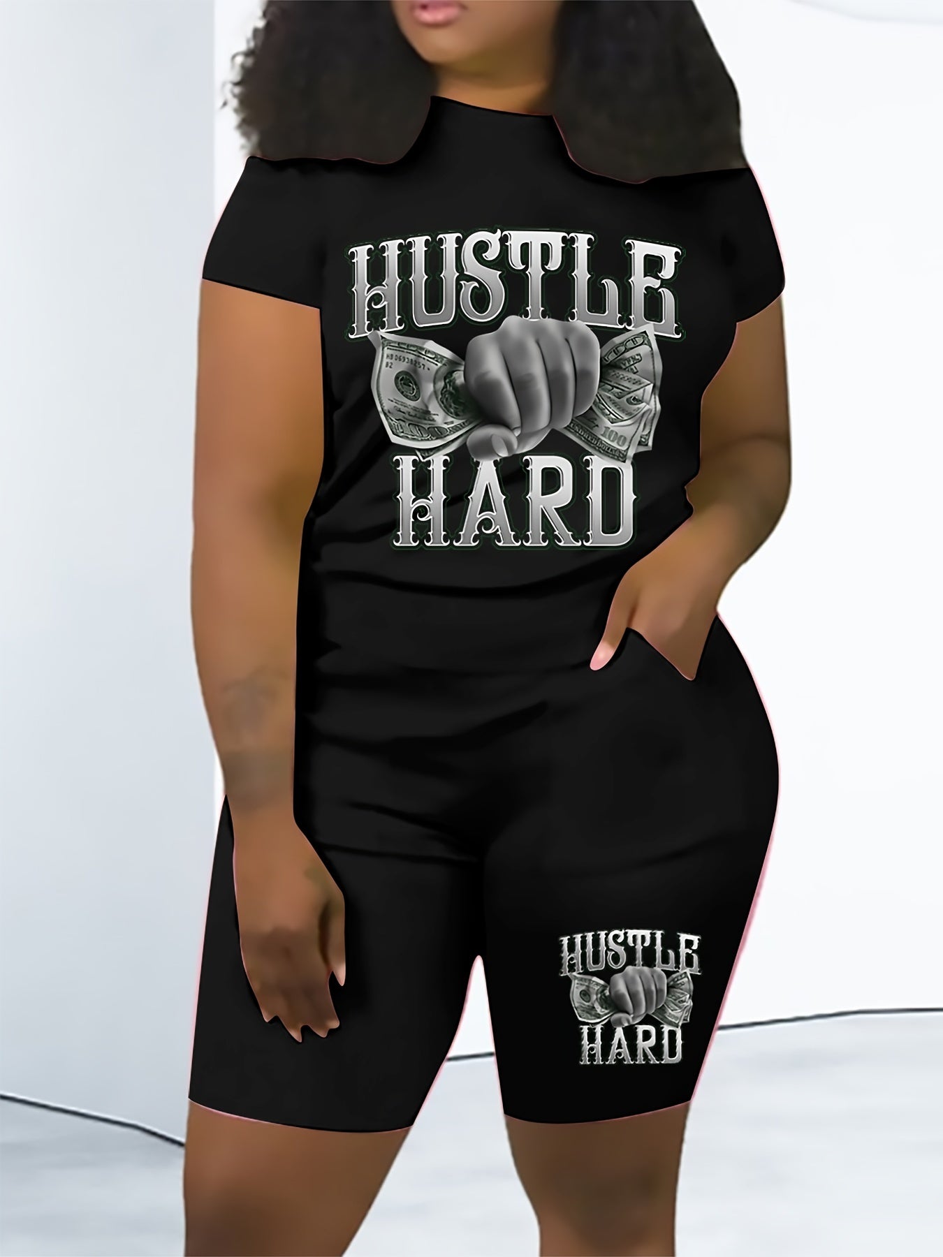 Money Print Short Sleeve Tee & Biker Shorts Set Women's Plus Size