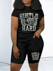 Money Print Short Sleeve Tee & Biker Shorts Set Women's Plus Size