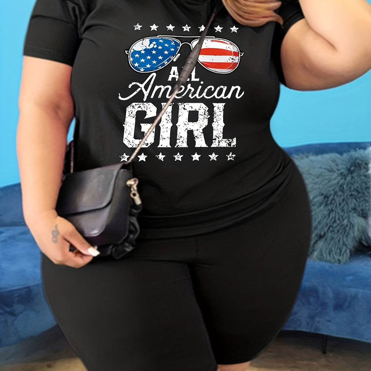  Independence Casual 2-Piece Set Women's Flag & Star Print Top & Shorts