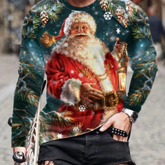 Christmas Santa Claus Print Men's Long Sleeve Tee For Autumn