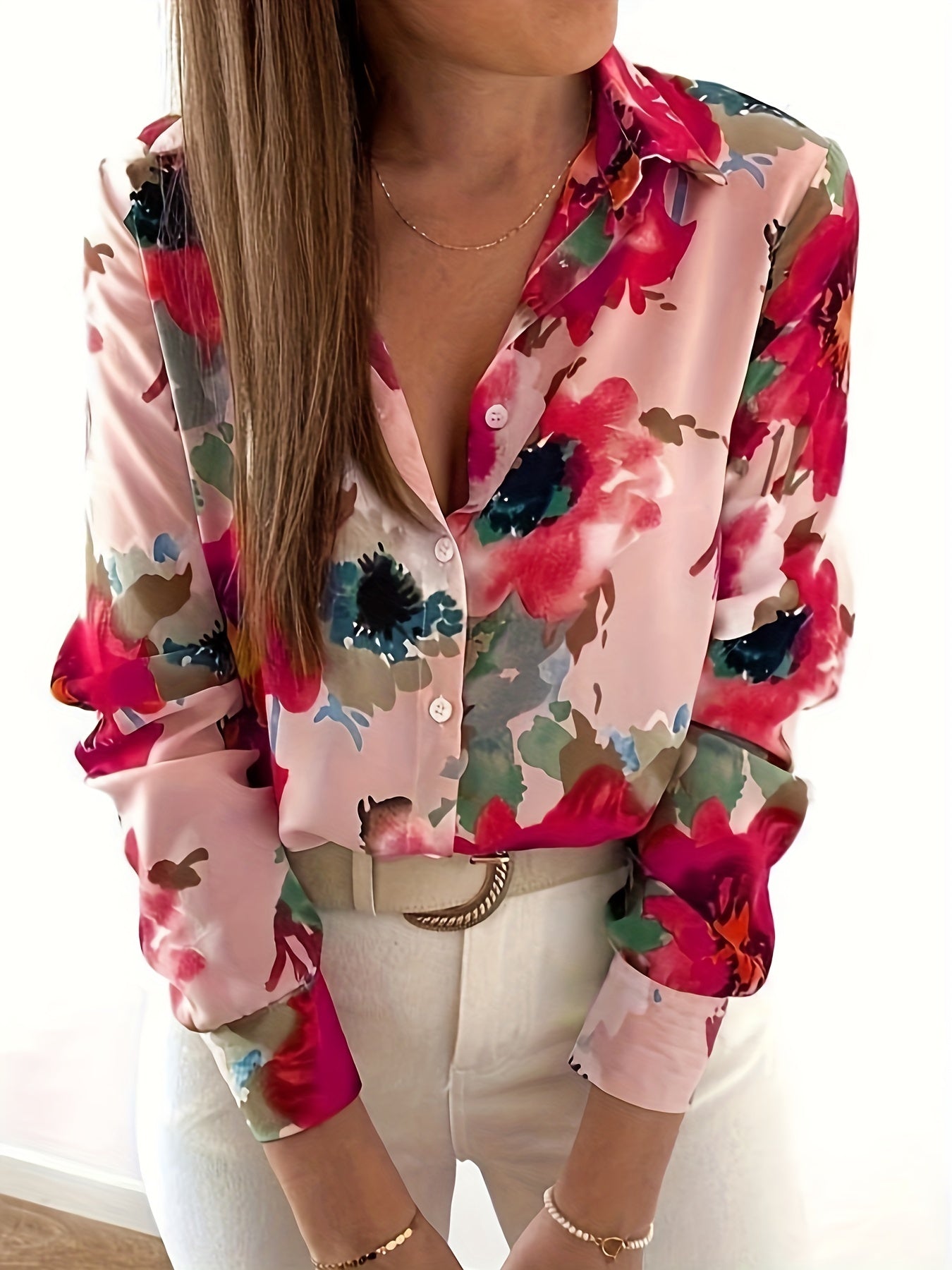  Floral Print Button Up Long Sleeve Blouse