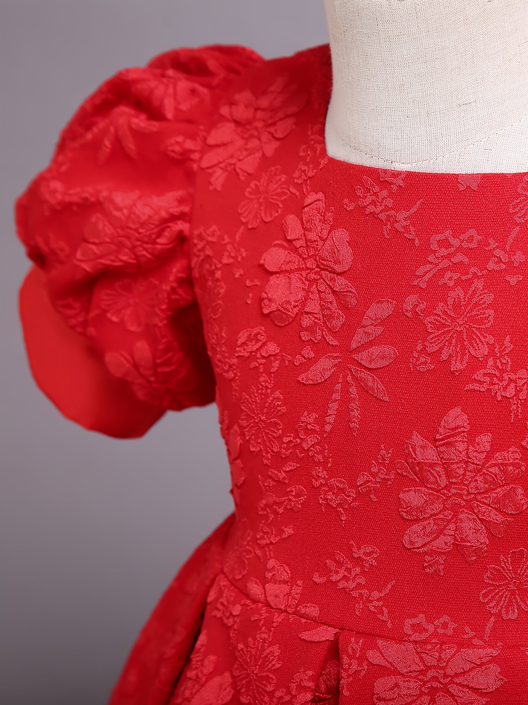 Girls' Formal Flower Jacquard Bubble Sleeve Trailing Evening Dress