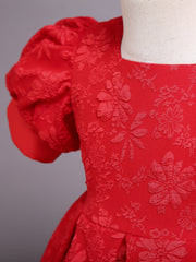 Girls' Formal Flower Jacquard Bubble Sleeve Trailing Evening Dress