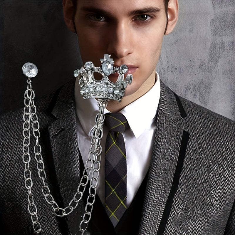 Men's Crown Brooch Rhinestone Tassel Chain Pin For Suit Shirt Backpacks Jackets
