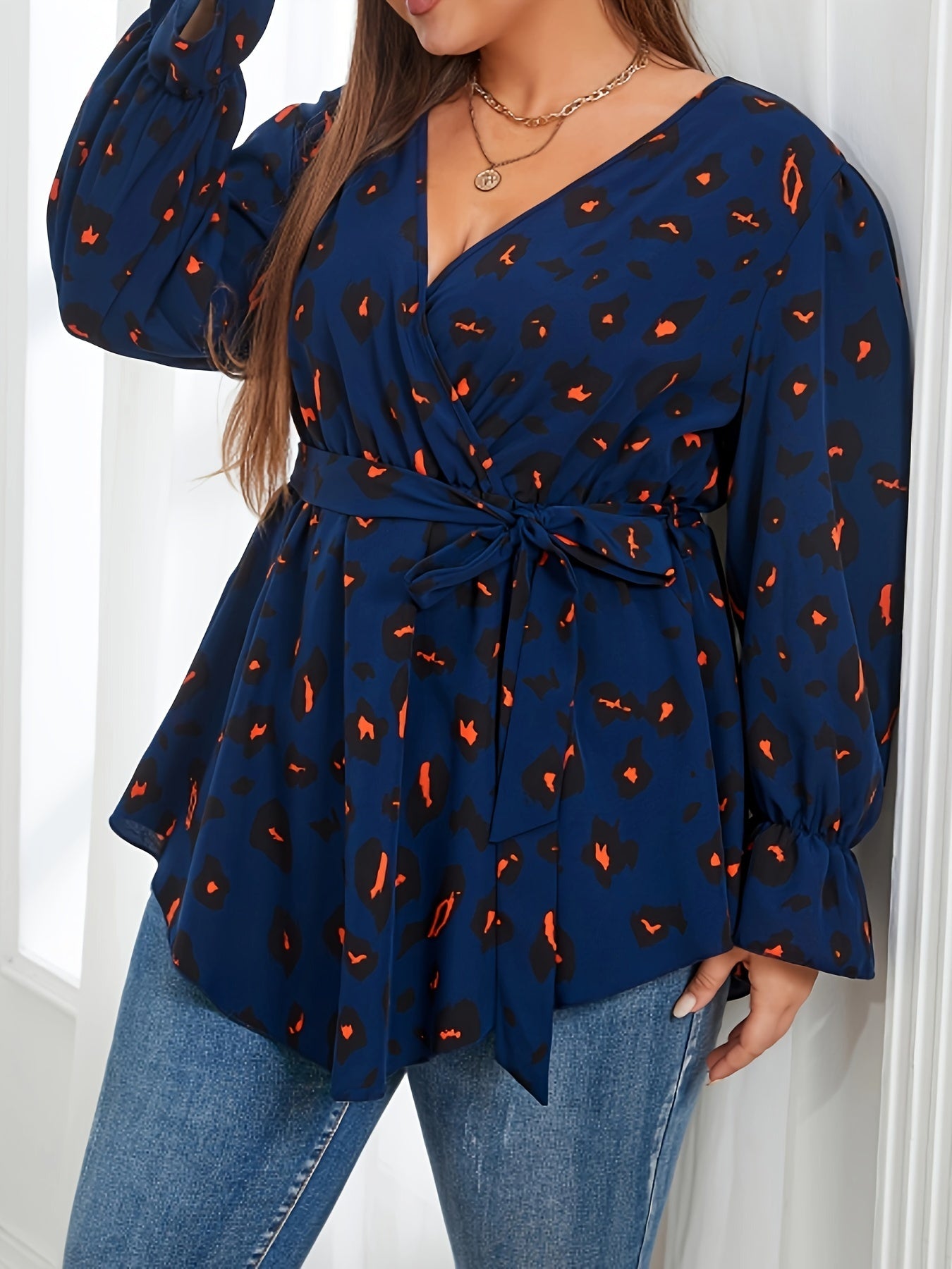  Leopard Print Lantern Sleeve Blouse with Belt