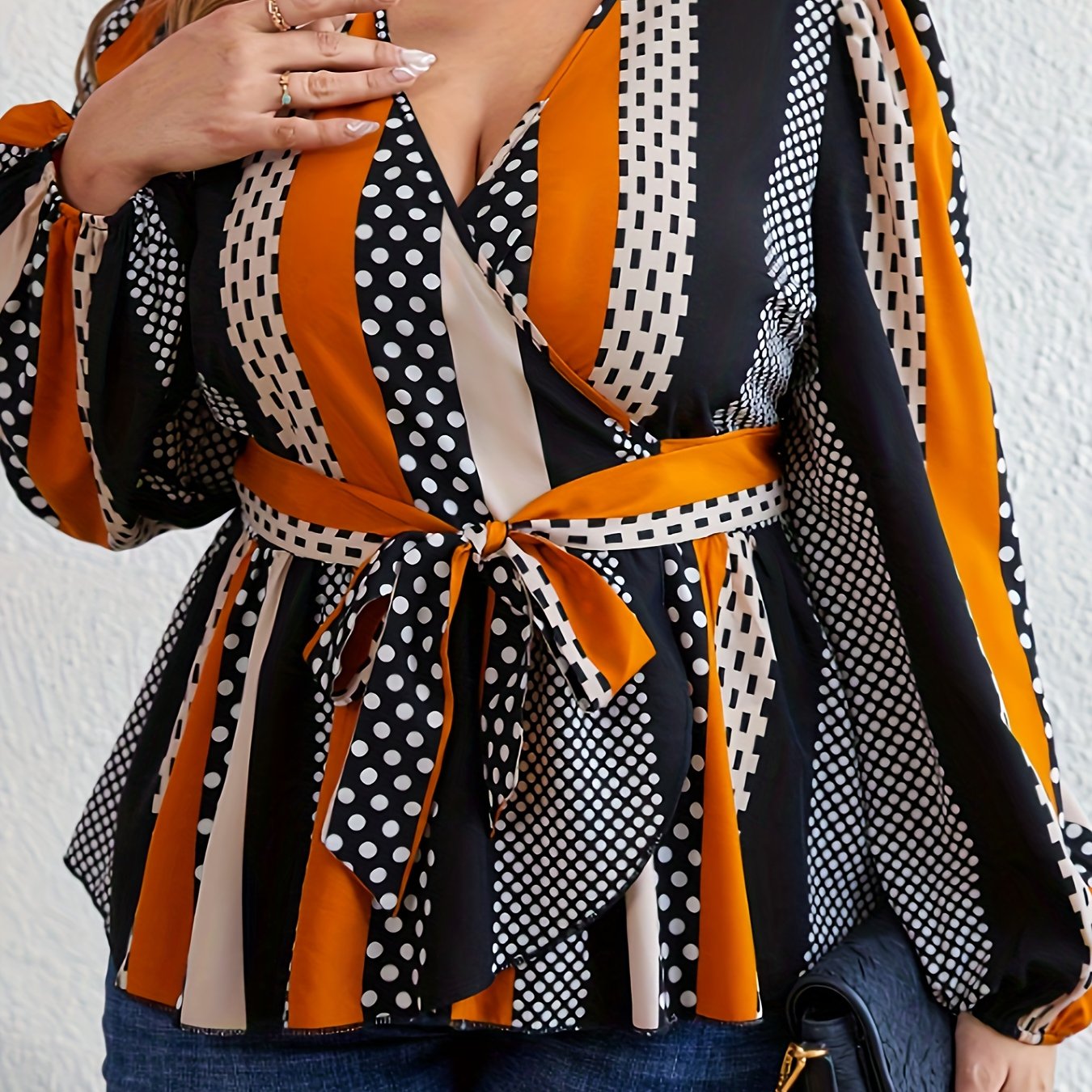  Colorblock Polka Dot Long Sleeve Blouse With Belt