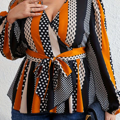  Colorblock Polka Dot Long Sleeve Blouse With Belt