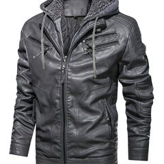 Men's Zipper Hoodie Autumn Winter Solid PU Faux Leather Jacket