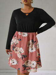  Colorblock Floral Print Long Sleeve Round Neck Cut Out Dress