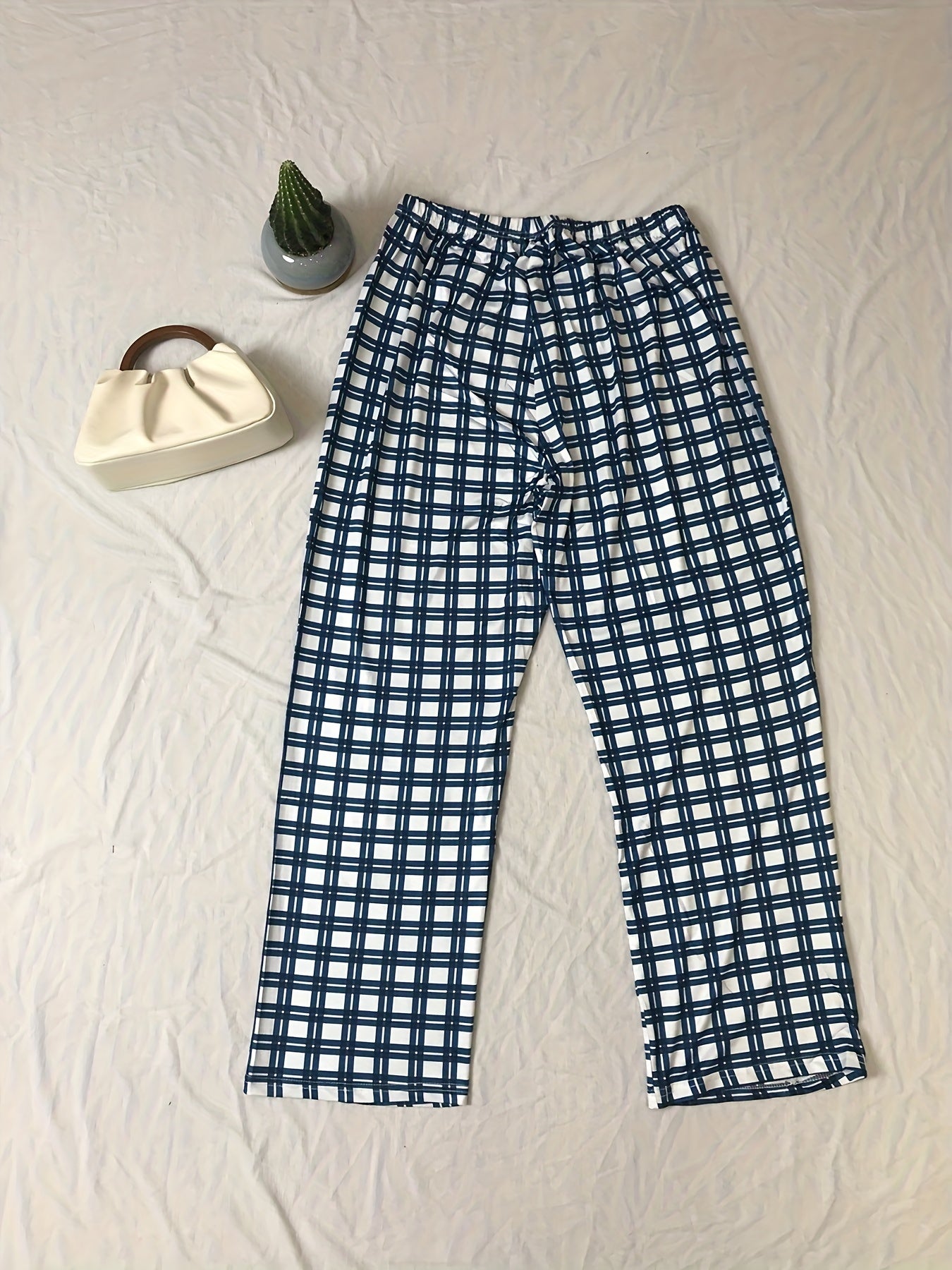  Plaid Print Elastic Waist Sleepwear Pants