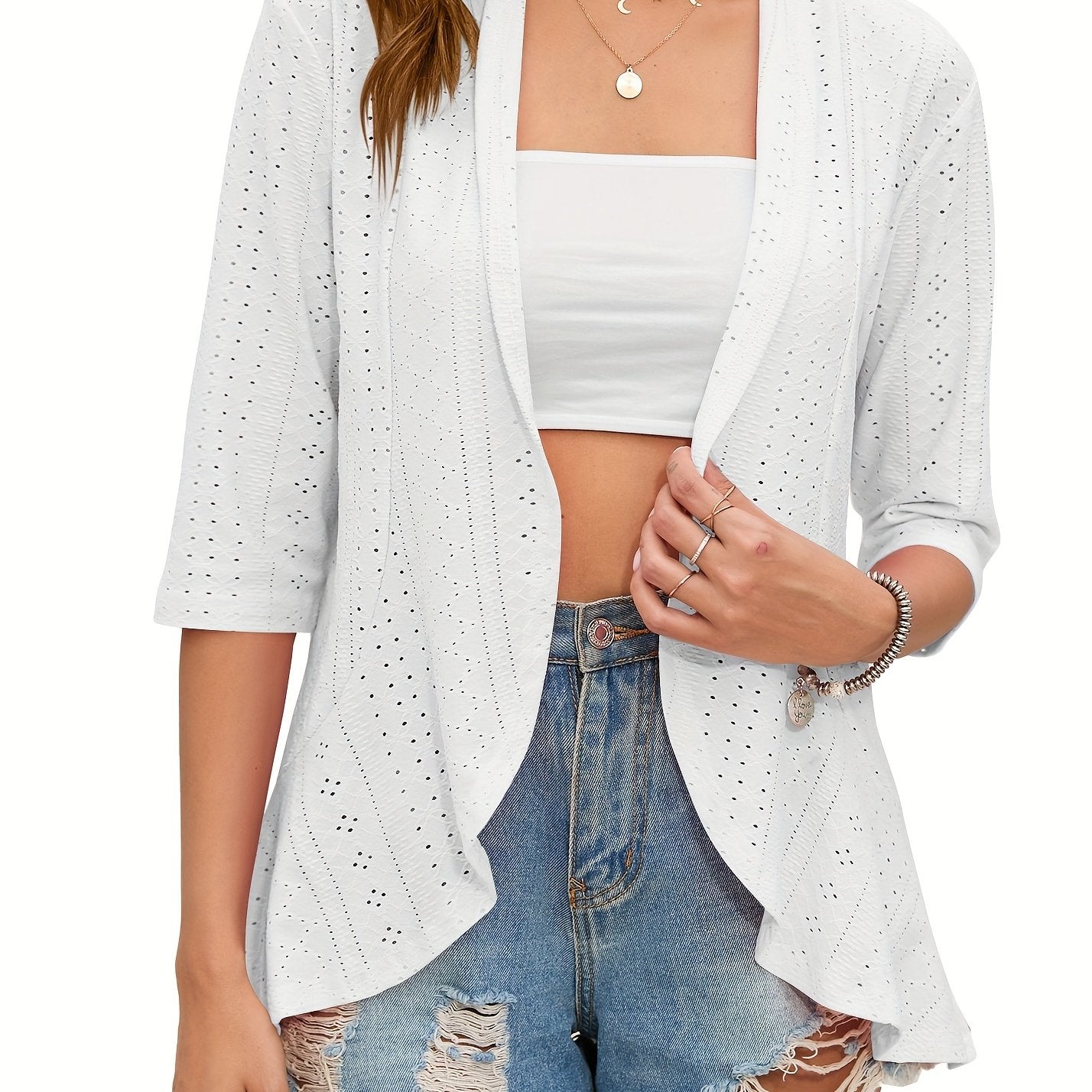 Solid Eyelet Embroidered 3/4 Sleeve Open Front Cardigan