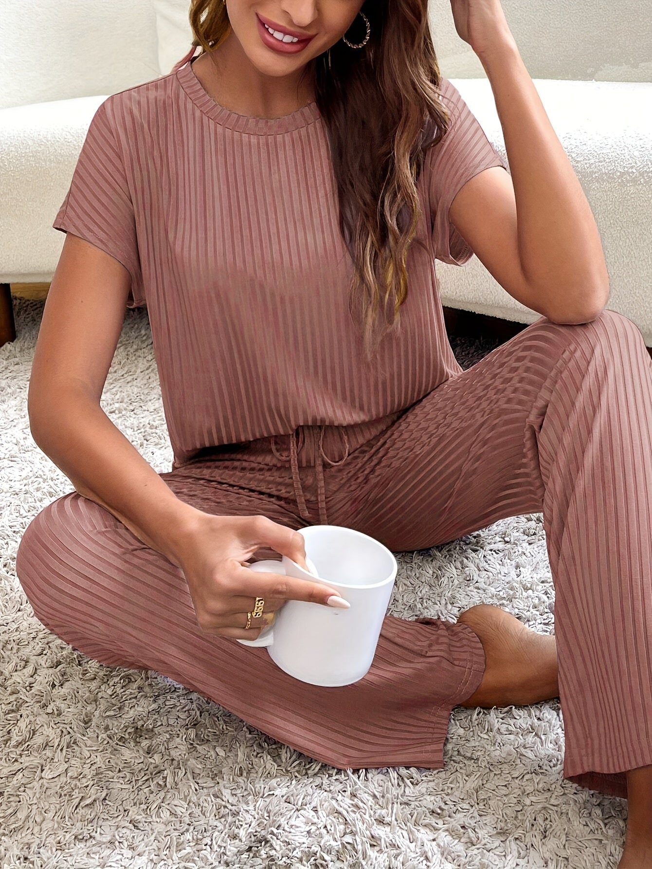  Ribbed Knit Cap Sleeve Tee & Tie Front Pants Pajama Set