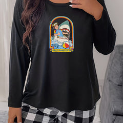  Horror Shark Graphic Print Long Sleeve Home Wear Tee