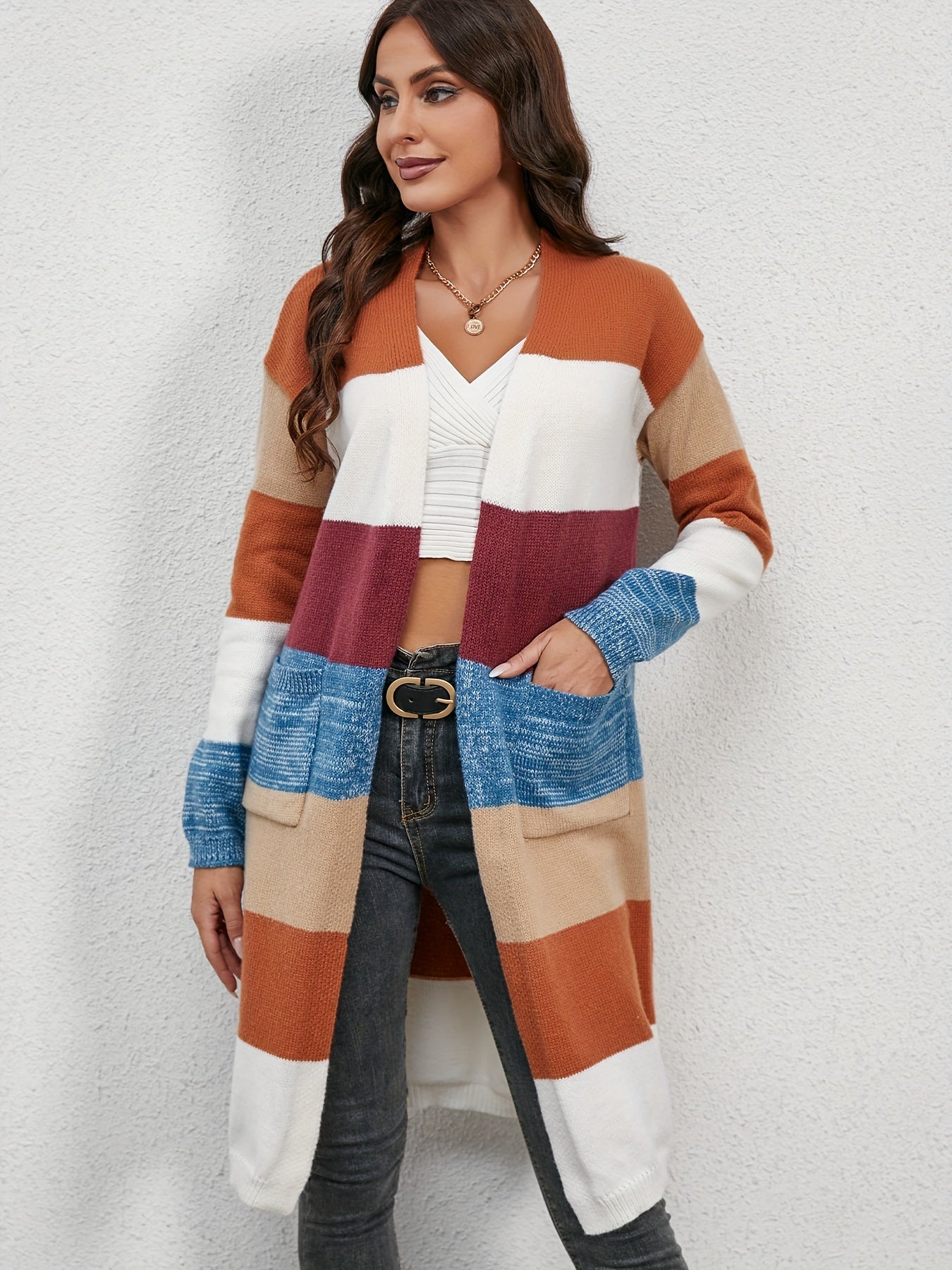  Colorblock Long Sleeve Open Front Cardigan