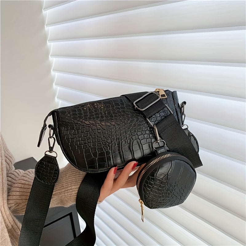 Crocodile Embossed Shoulder Bag with Coin Bag - Stylish Crossbody Bag