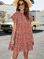  Leopard Print Round Neck Smock Dress