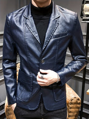Men's Leather Lapel Zipper Up Jacket for Autumn Winter Wear