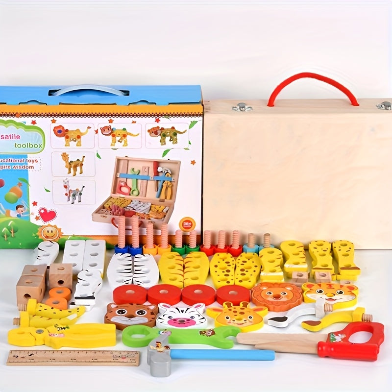 Kids' Animal & Vehicle Assembly Toolbox DIY Wooden Building Blocks Set