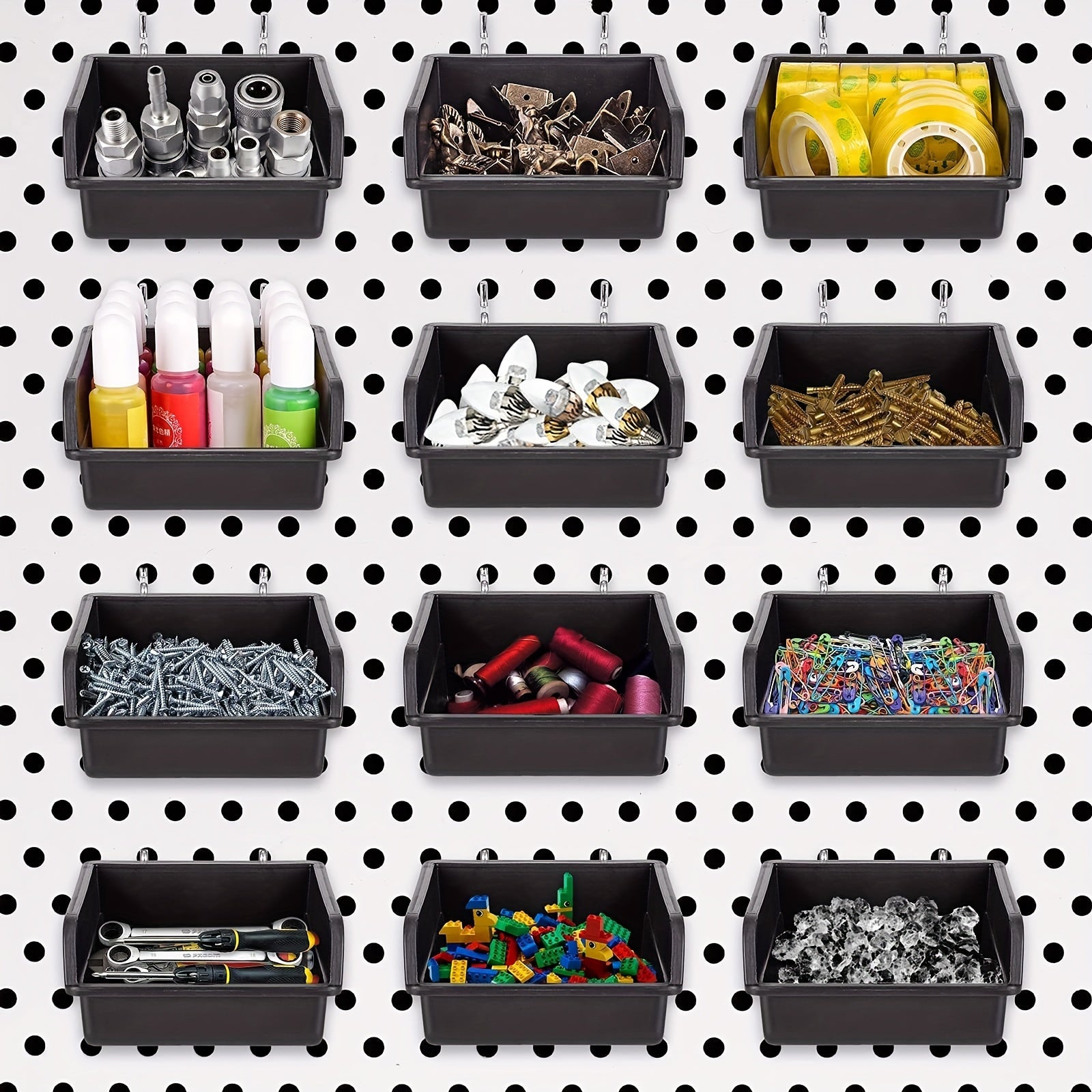 12pcs Pegboard Bins Cups Hooks Set, Tools Storage System Kit