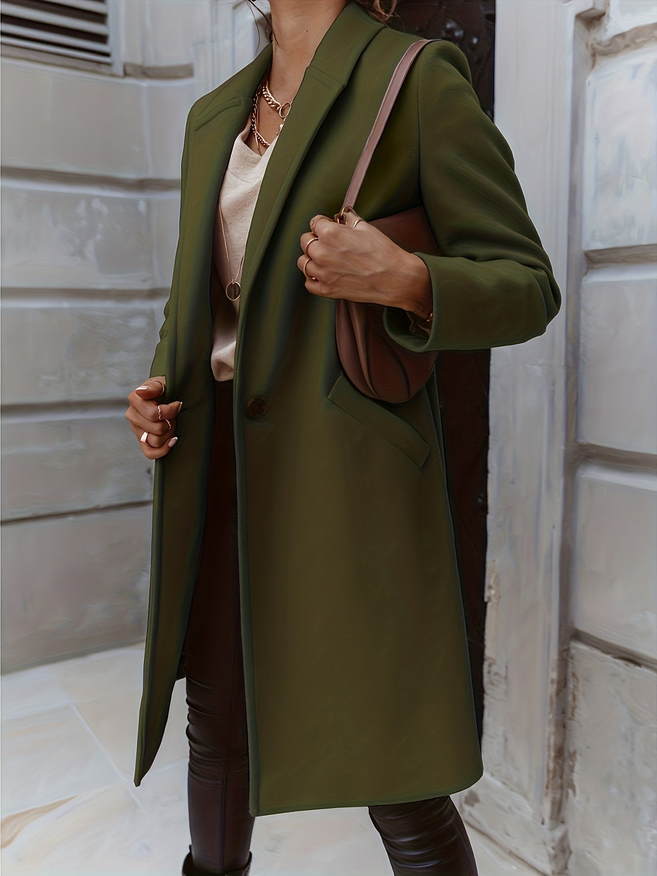 Women's Solid Mid Length Coat One Button Outerwear
