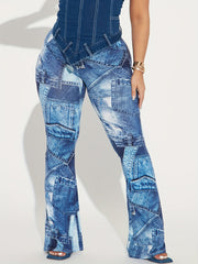 Women's Plus Denim Print High Rise Straight Leg Pants