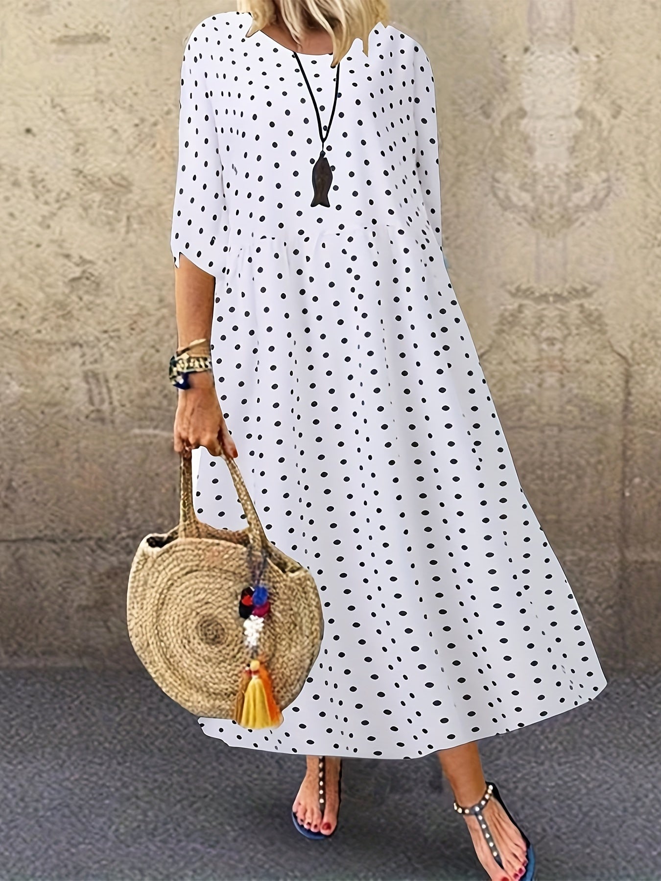  Polka Dot Print Half Sleeve Maxi Dress