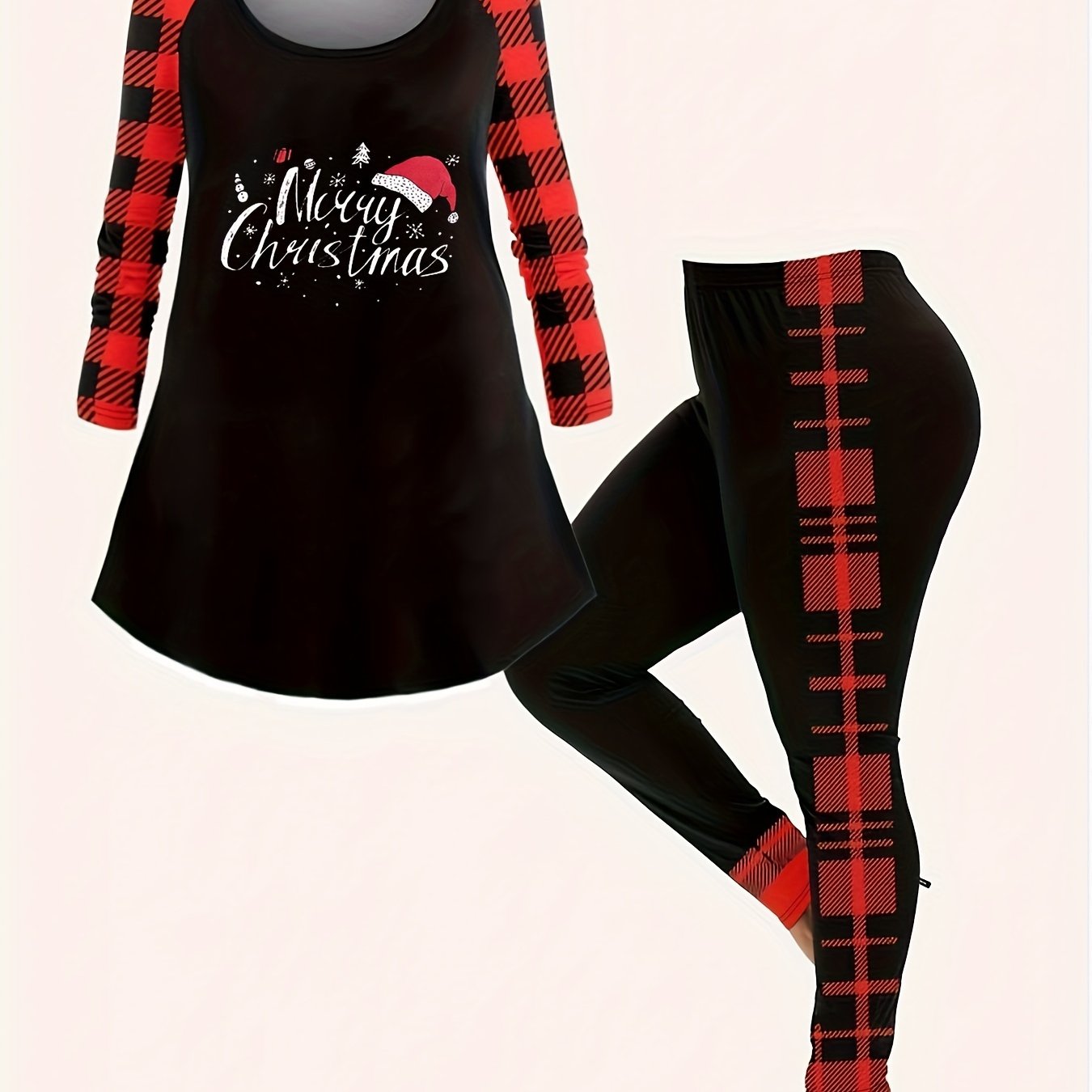 Plus Size Christmas Hat Plaid Raglan Top & Leggings Set