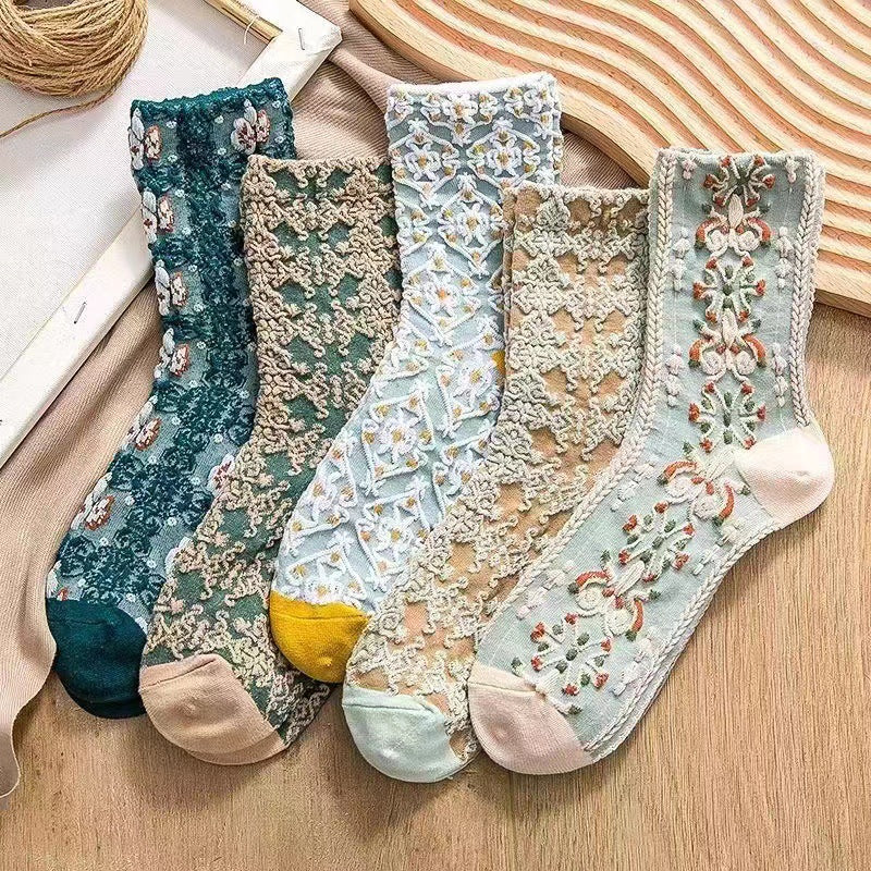 5 Pairs Vintage Ethnic Floral Socks for Women